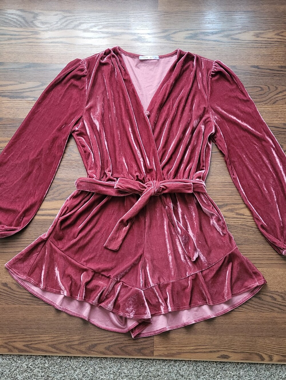 BLUSH Pink Fraiche by J Velour Long sleeve Wrap-Style Ruffled Romper w/ Tie XL